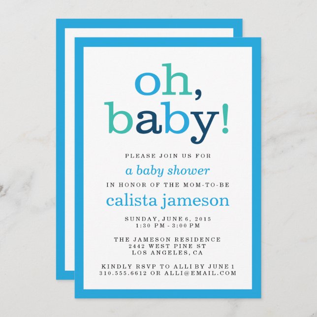 Oh, Baby! Moderne Blue Boy Baby Shower Einladungen (Vorne/Hinten)
