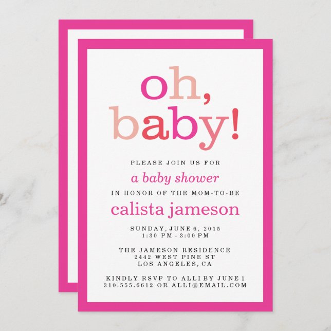 Oh, Baby! Moderne Pink Girl Baby Dusche Einladunge Einladung