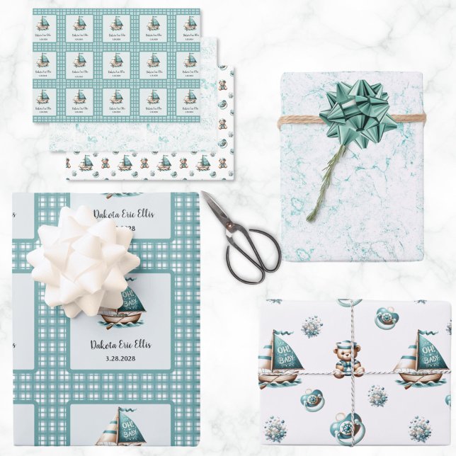 "Oh, Baby" Nautical Wrapping Paper 3 Stile Geschenkpapier Set ("Oh. Baby" Customized Wrapping Paper in a Nautical Blue Theme for Baby Shower or New Baby Gift)