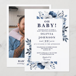 Oh Baby Navy Blaues Blumen-Foto-Baby-Shower Einladung