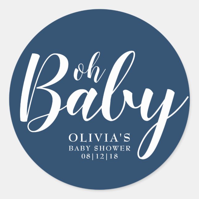 Oh Baby - Navy Blue Baby Dusche Runder Aufkleber (Vorderseite)