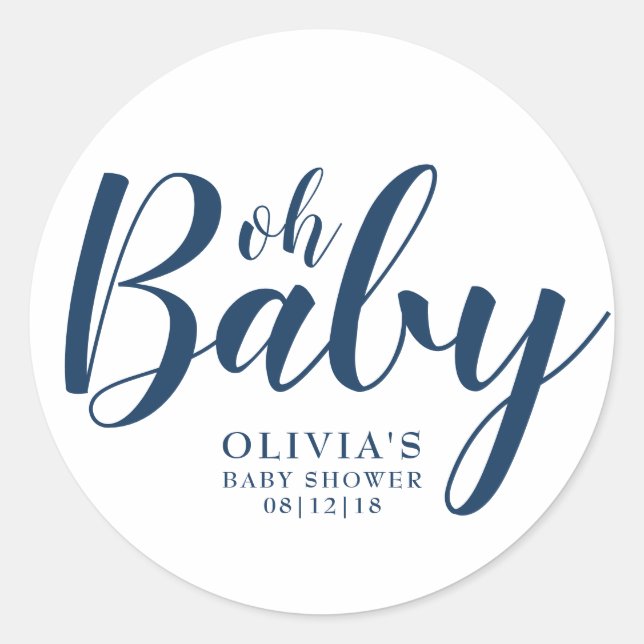 Oh Baby - Navy Blue Baby Dusche Runder Aufkleber (Vorderseite)