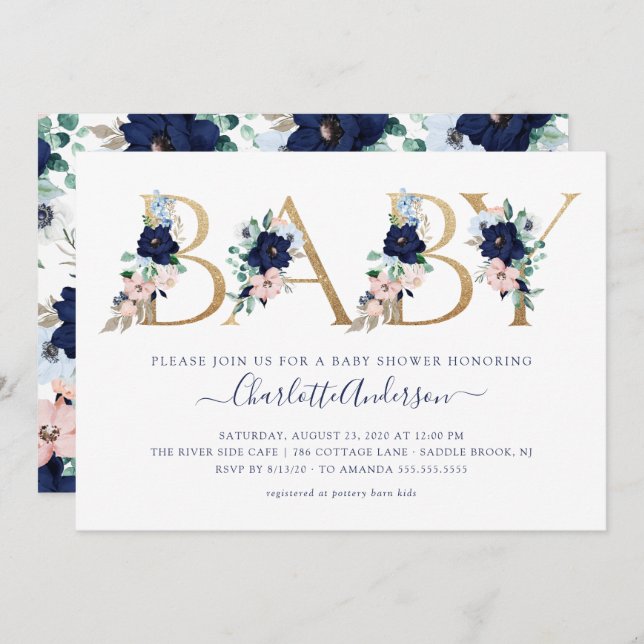 Oh Baby Navy Blue & Blush Floral Baby Dusche Einladung (Vorne/Hinten)