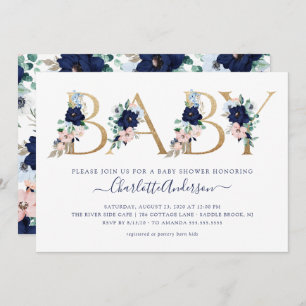 Oh Baby Navy Blue & Blush Floral Baby Dusche Einladung