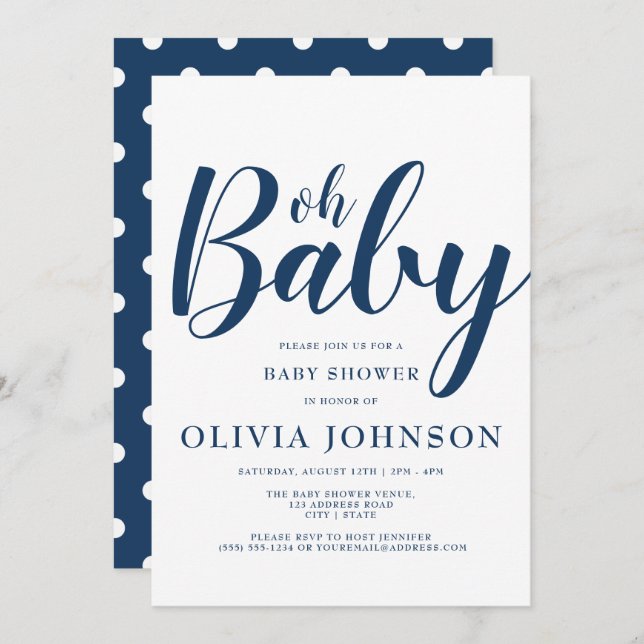 Oh Baby - Navy Blue Polka Dot Baby Shower Einladung (Vorne/Hinten)
