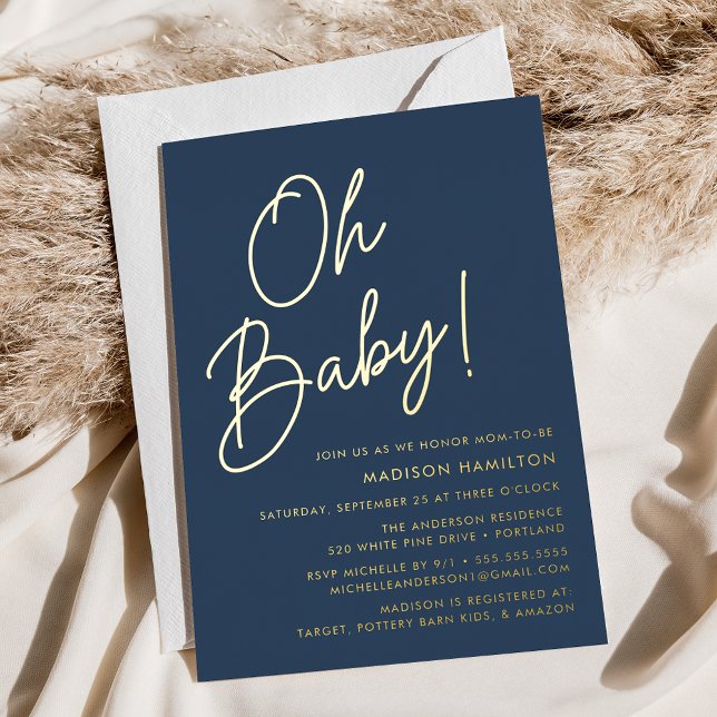 Oh Baby Navy und Gold Script Baby Dusche Folieneinladung (Von Creator hochgeladen)