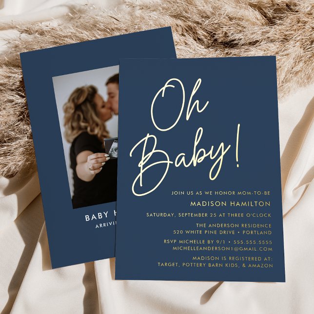 Oh Baby Navy und Gold Script Foto Baby Dusche Folieneinladung (Von Creator hochgeladen)