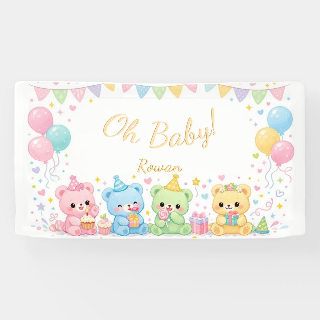 Oh Baby Neutral Cute Bunny Pastel Baby Shower Banner (Horizontal)