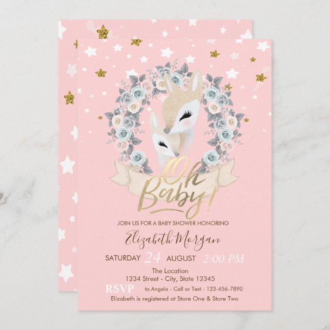 Oh Baby Niedlich Baby Deer Gold Stars Baby Dusche Einladung (Vorne/Hinten)