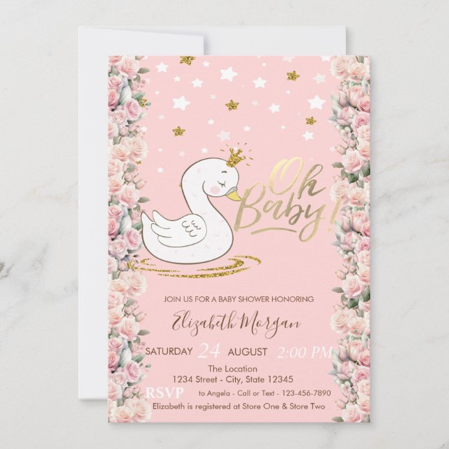 Oh Baby Niedlich Baby Swan Crown Rose Babydusche Einladung (Vorderseite)
