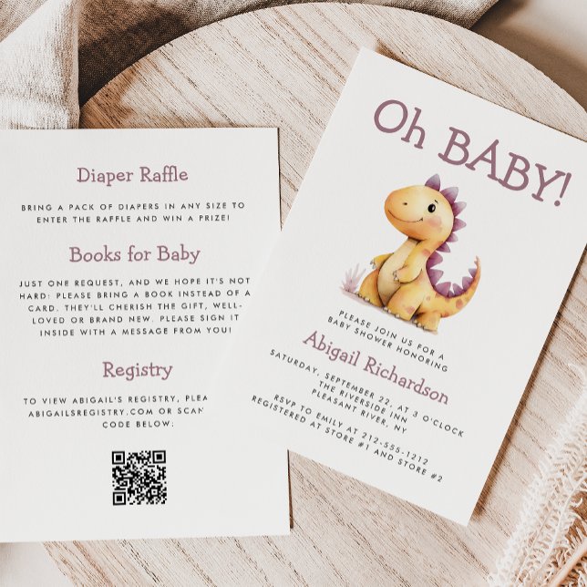 Oh Baby Niedlich Orange Lila Dinosaur QR Baby Dusc Einladung (Von Creator hochgeladen)