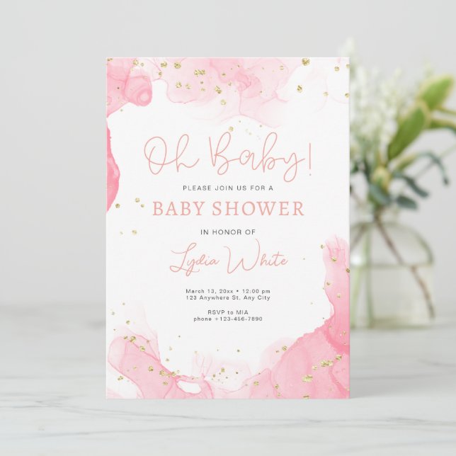 Oh Baby Niedlich Pink Girl Babydusche, Modern Baby Einladung (Stehend Vorderseite)