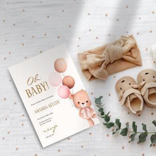 Oh, Baby! Niedlicher Bär & Balloons Rosa Babydusch Einladung
