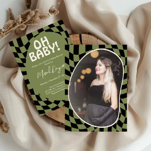 Oh Baby! Olivgrün kariert moderne Babyparty Einladung