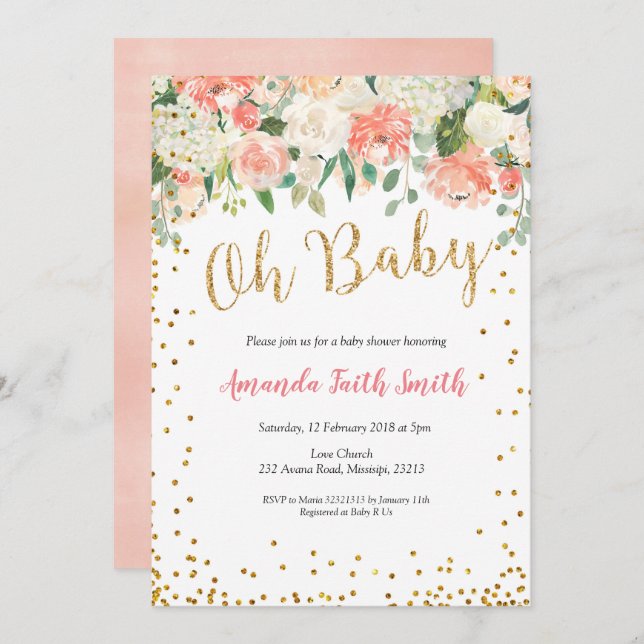 Oh Baby Peach Floral Baby Dusche Einladung (Vorne/Hinten)