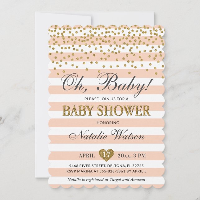 Oh Baby Peach Gold Baby Dusche Neutrale Einladung (Vorderseite)