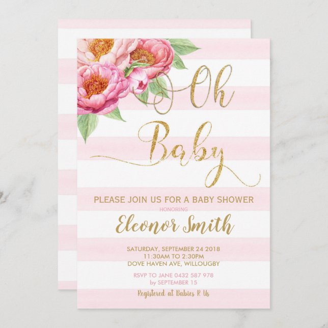 Oh Baby Peony Floral Baby Dusche Einladung Mädchen (Vorne/Hinten)