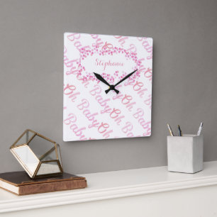 Oh Baby Personalisiert Pink Girly Girl Quadratische Wanduhr