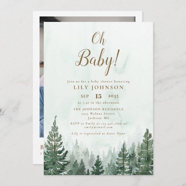 Oh Baby Pine Tree Forest Baby Shower Foto QR Code Einladung (Vorne/Hinten)