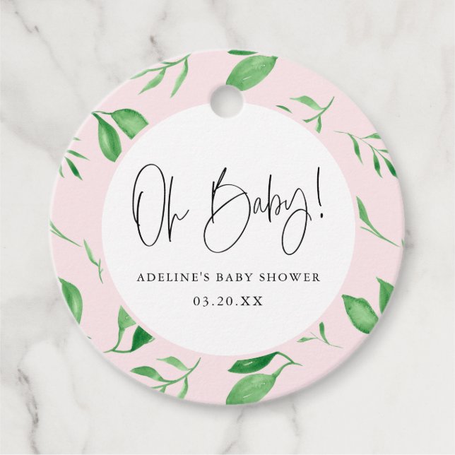 Oh Baby Pink Aquarell Grüne Printbabydusche Geschenkanhänger (Vorderseite)