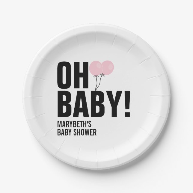 Oh Baby Pink Balloon Baby Shower Paper Plate Pappteller (Vorderseite)