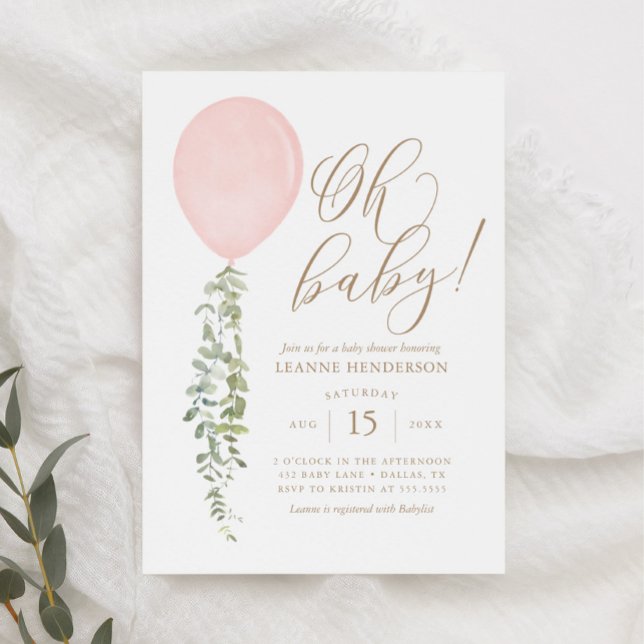 Oh Baby Pink Balloon Eucalyptus Baby Showdusche In Einladung (Von Creator hochgeladen)