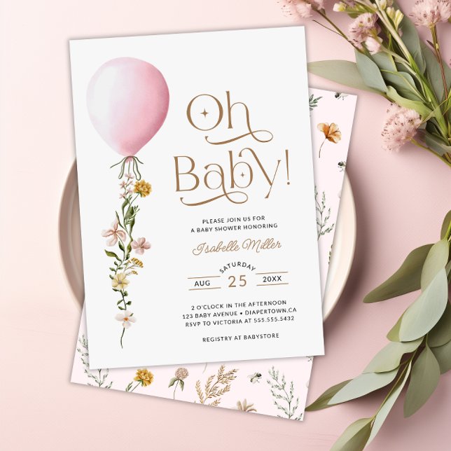 Oh Baby Pink Balloon Floral Baby Dusche Einladung (Oh Baby Pink Balloon Floral Baby Shower Invitation)