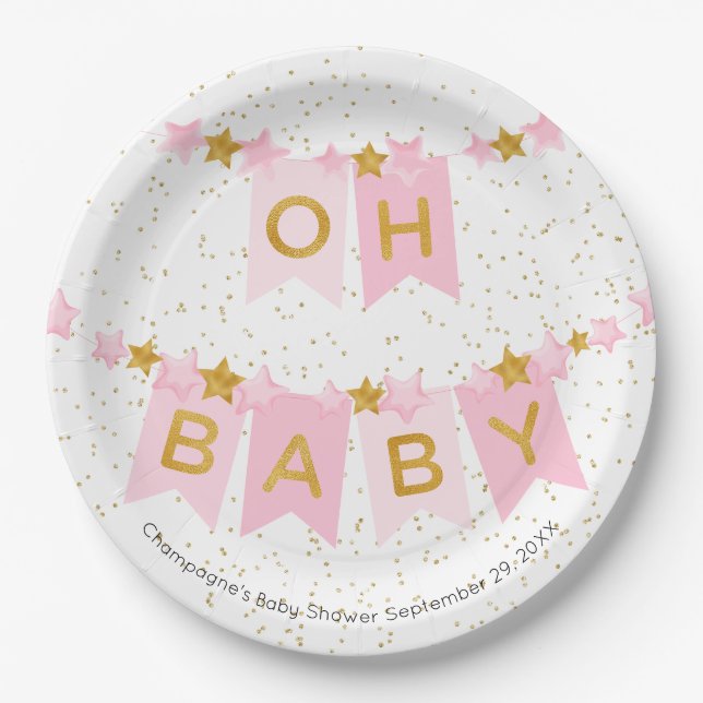 Oh Baby Pink Bunting Flags Babydusche Pappteller (Vorderseite)