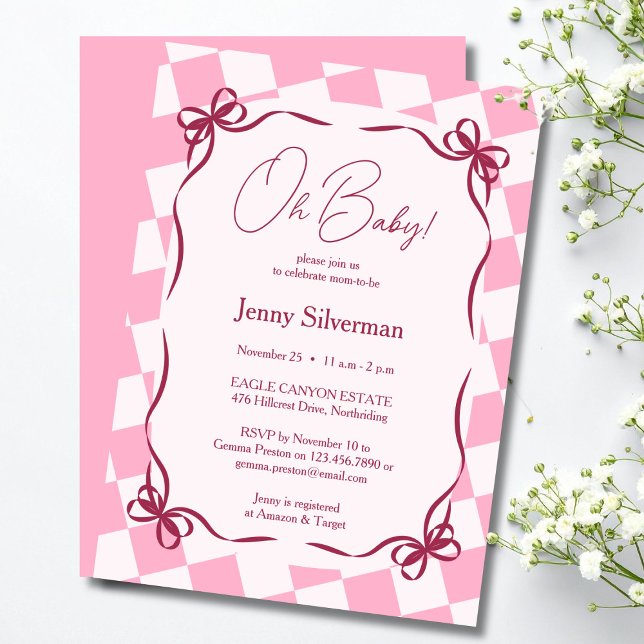 Oh Baby Pink Gingham Bows Baby Shower Einladung (Oh Baby Pink Gingham Bows Baby Shower Invitation)