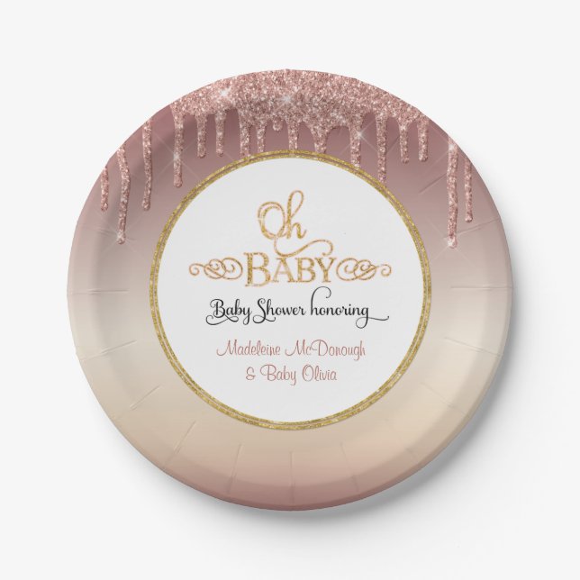 OH BABY Pink Glitzer Tropfen Typografie Kinderdusc Pappteller (Vorderseite)
