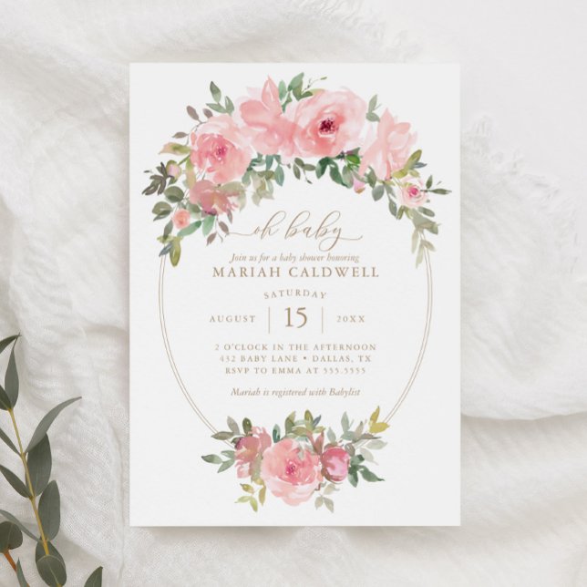 Oh Baby Pink Gold Blumengrün Girl Baby Dusche Einladung (Von Creator hochgeladen)