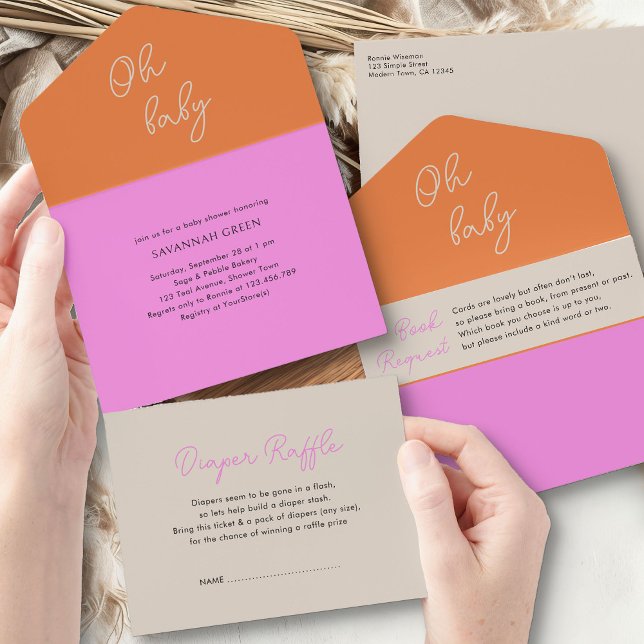 Oh Baby Pink Orange Books Diapers and Baby Shooter All In One Einladung (Oh Baby Baby Shower Invitation asking for diapers and books from my Tricolor Baby Shower Collection)