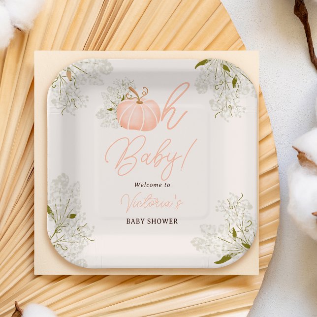 Oh Baby pink pumpkin floral chic baby shower Pappteller (Oh Baby pink pumpkin floral chic baby shower Paper Plates)