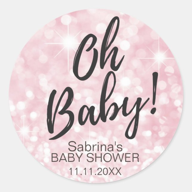 OH BABY! Pink Sparkle Glitzer Baby Shower Girl Runder Aufkleber (Vorderseite)