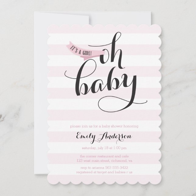 Oh Baby Pink Stripes Baby Dusche einladen Einladung (Vorderseite)