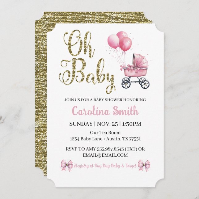 Oh Baby Pink Stroller Gold Glitzer Babydusche Einladung (Vorne/Hinten)