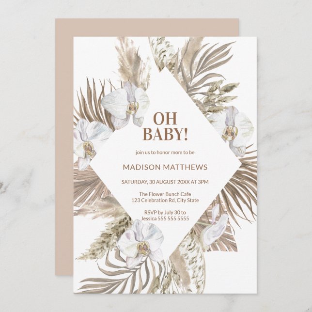 Oh Baby Pink & Tan Boho Floral Baby Dusche Einladung (Vorne/Hinten)