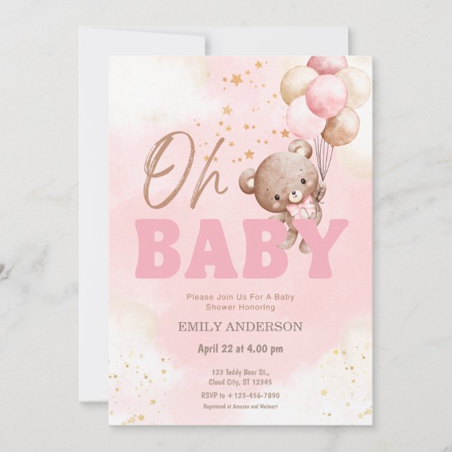 Oh Baby Pink Teddy Bear Balloons Girl Baby Shower  Einladung (Vorderseite)
