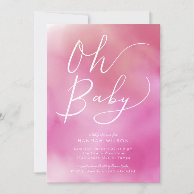 Oh Baby Pink Watercolor Ombre Babydusche Einladung (Vorderseite)