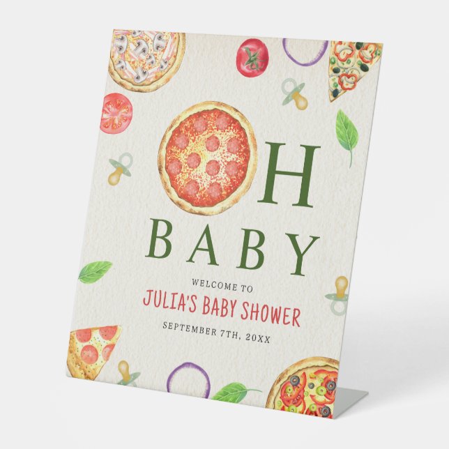 Oh Baby Pizza + Schnuller Baby Dusche Willkommen Sockelschild (Vorderseite)