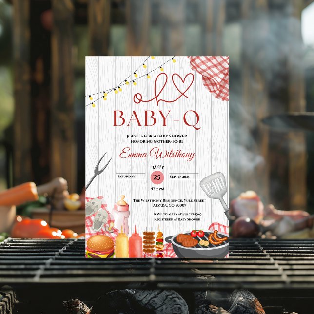 Oh Baby-Q Baby Duwer Girl Rustic GRILLEN Einladung (bottle pacifier red gingham check bbq baby shower invitations backyard plaid barbecue country out )