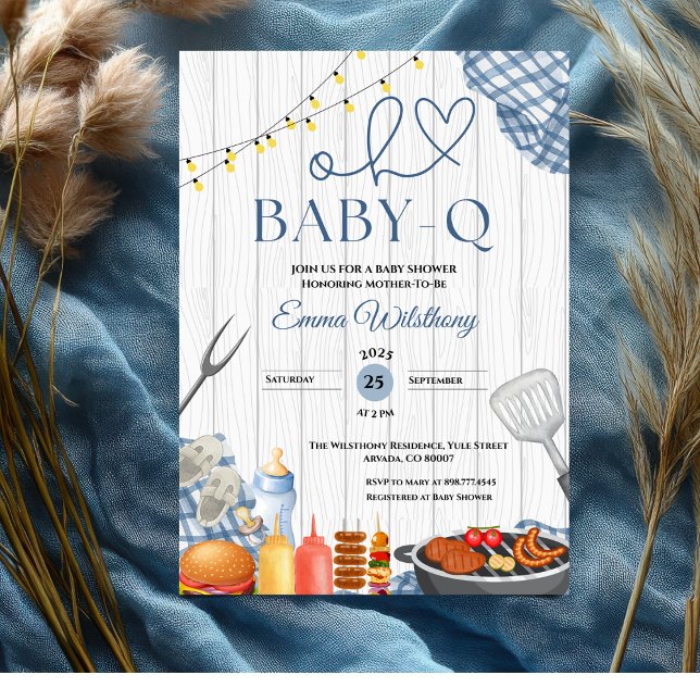 Oh Baby-Q Baby Shower Boy Rustic GRILLEN Einladung (bbq baby shower invitations blue gingham backyard plaid barbecue rustic country cute boy fun  babyq)