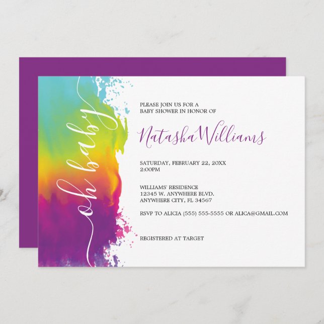 Oh Baby, Rainbow Watercolor Kinderdusche, Lila Einladung (Vorne/Hinten)