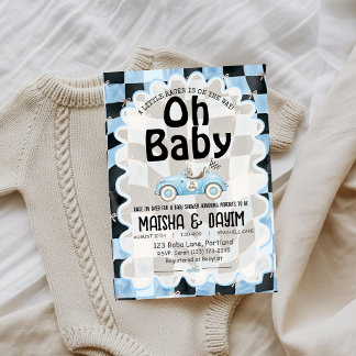 Oh Baby Rennwagen Karo Blau Baby Shower Einladung