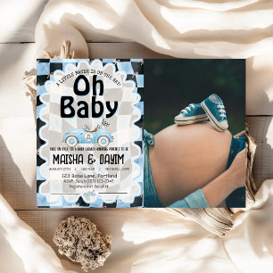 Oh Baby Rennwagen Schachbrett Blau Baby Shower Einladung