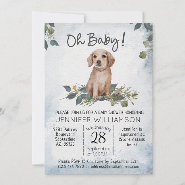 Oh, Baby! Retriever Puppy Dog Baby Dusche Einladung (Vorderseite)