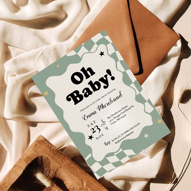 Oh Baby! Retro Checkered Sage Green Baby Shower  Einladung (Von Creator hochgeladen)