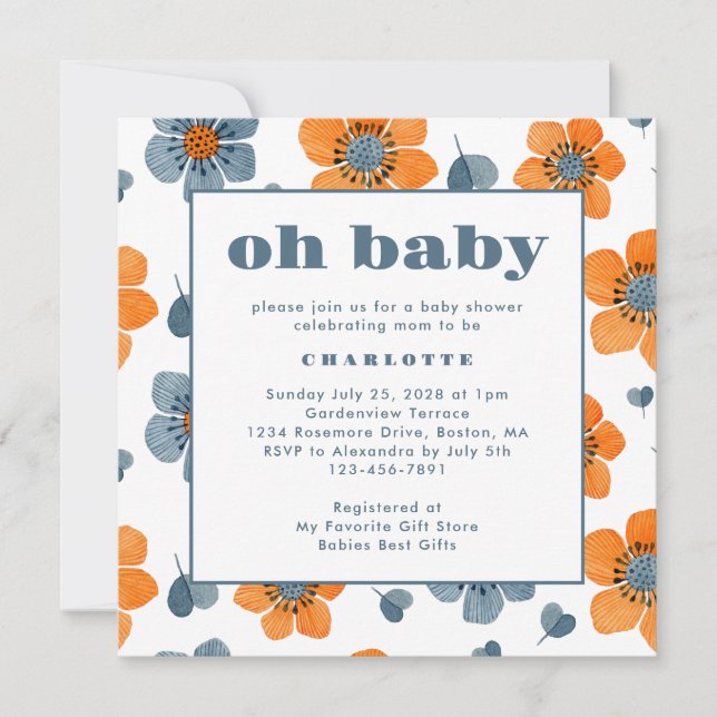 Oh Baby Retro Floral Orange Blue Baby Dusche Einladung (Vorderseite)