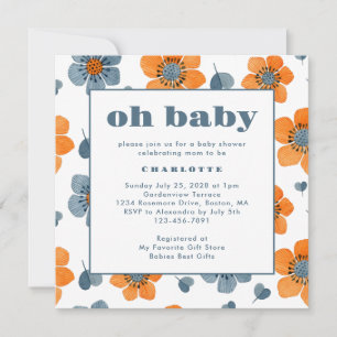 Oh Baby Retro Floral Orange Blue Baby Dusche Einladung