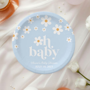 Oh Baby! Retro-Gänseblümchen-blaue Boho-Baby-Party Pappteller